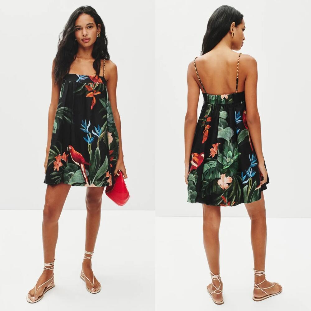 Farm Rio Midnight Macaw Fiesta Dress Linen Blend Sleeveless Mini Swing Multi S